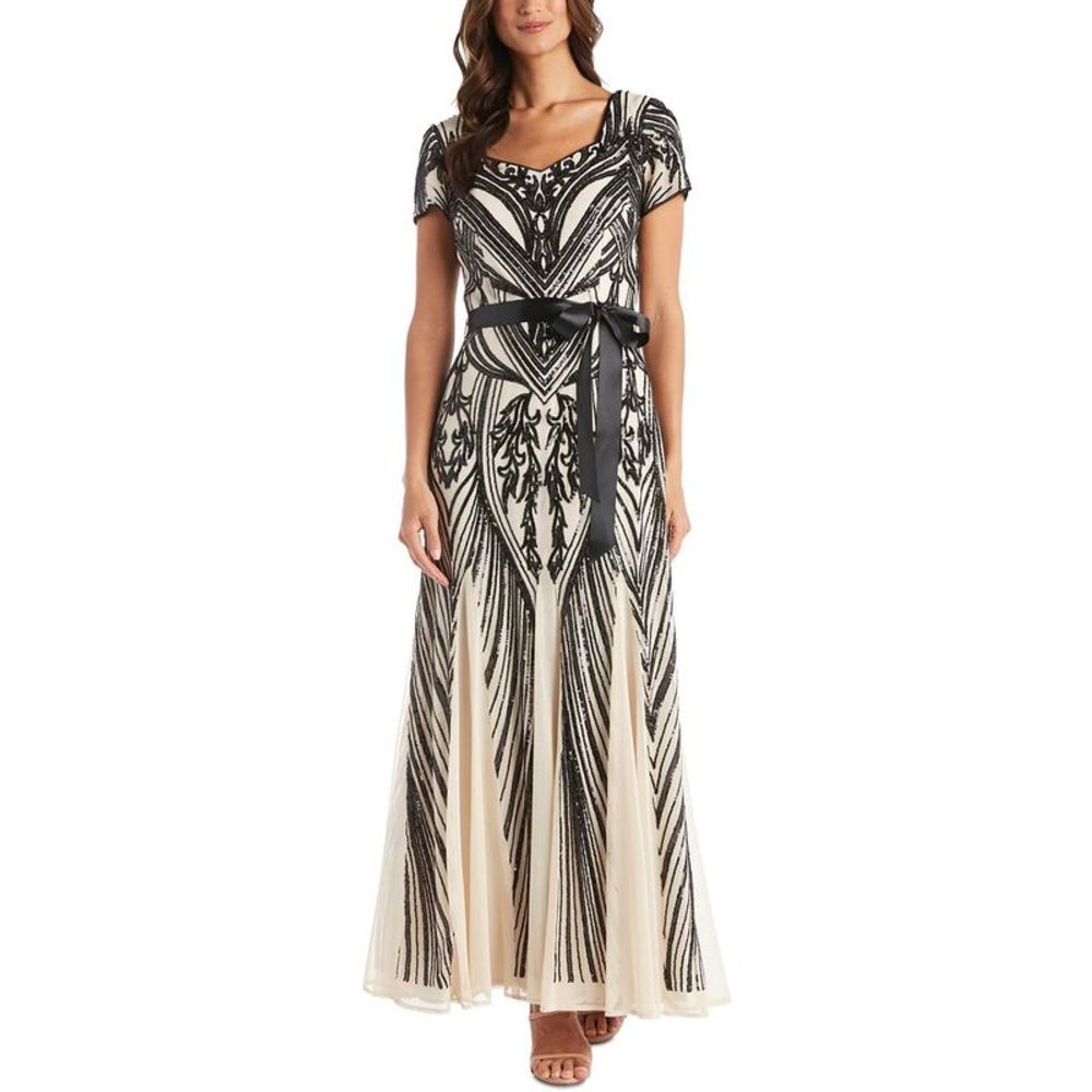 R&M Richards Womens Black Sequined Belted Evening Dress Gown NWT